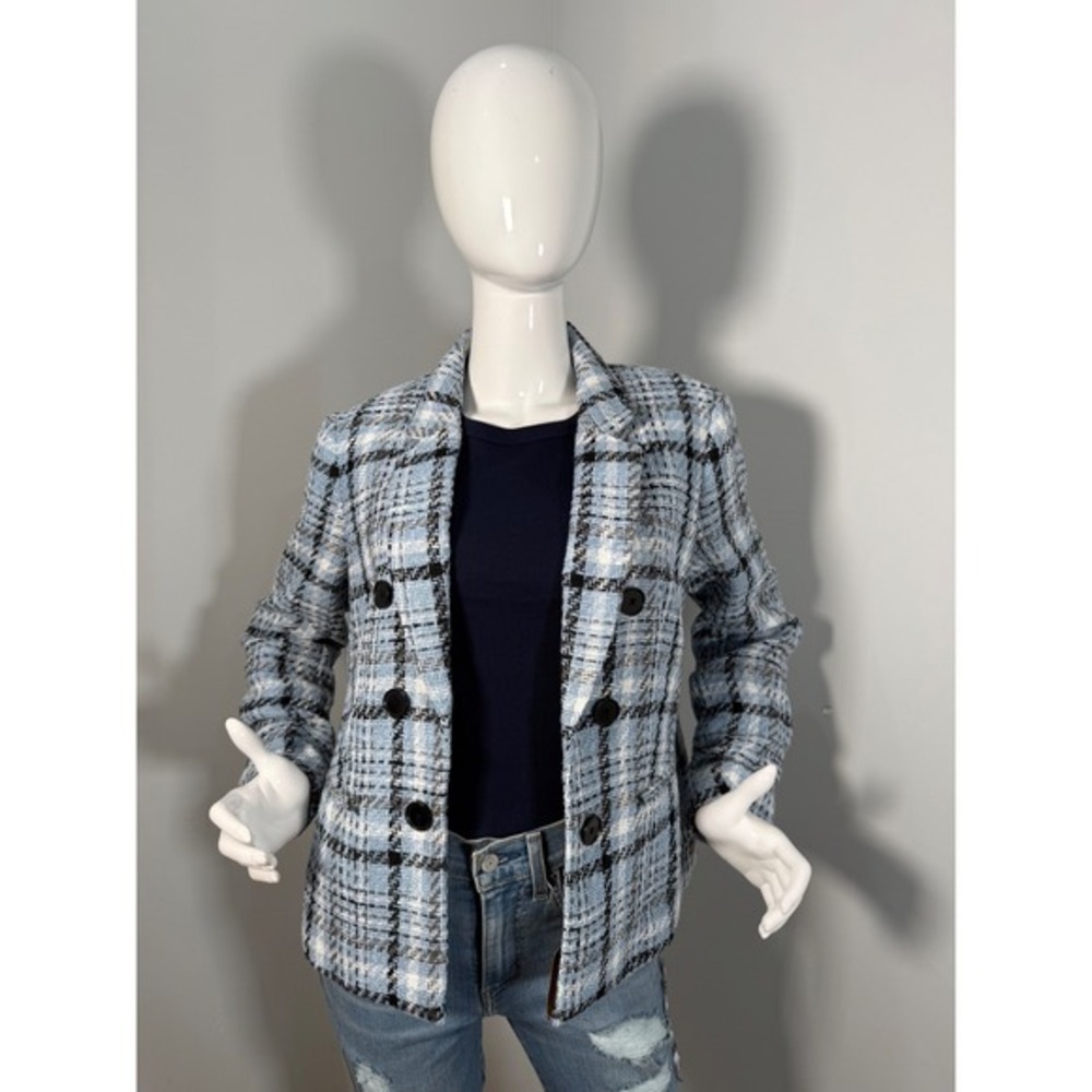 Jones‎ New York Plaid Double Breasted Blazer Light Blue Black White Jacket  PL - Picture 3 of 10